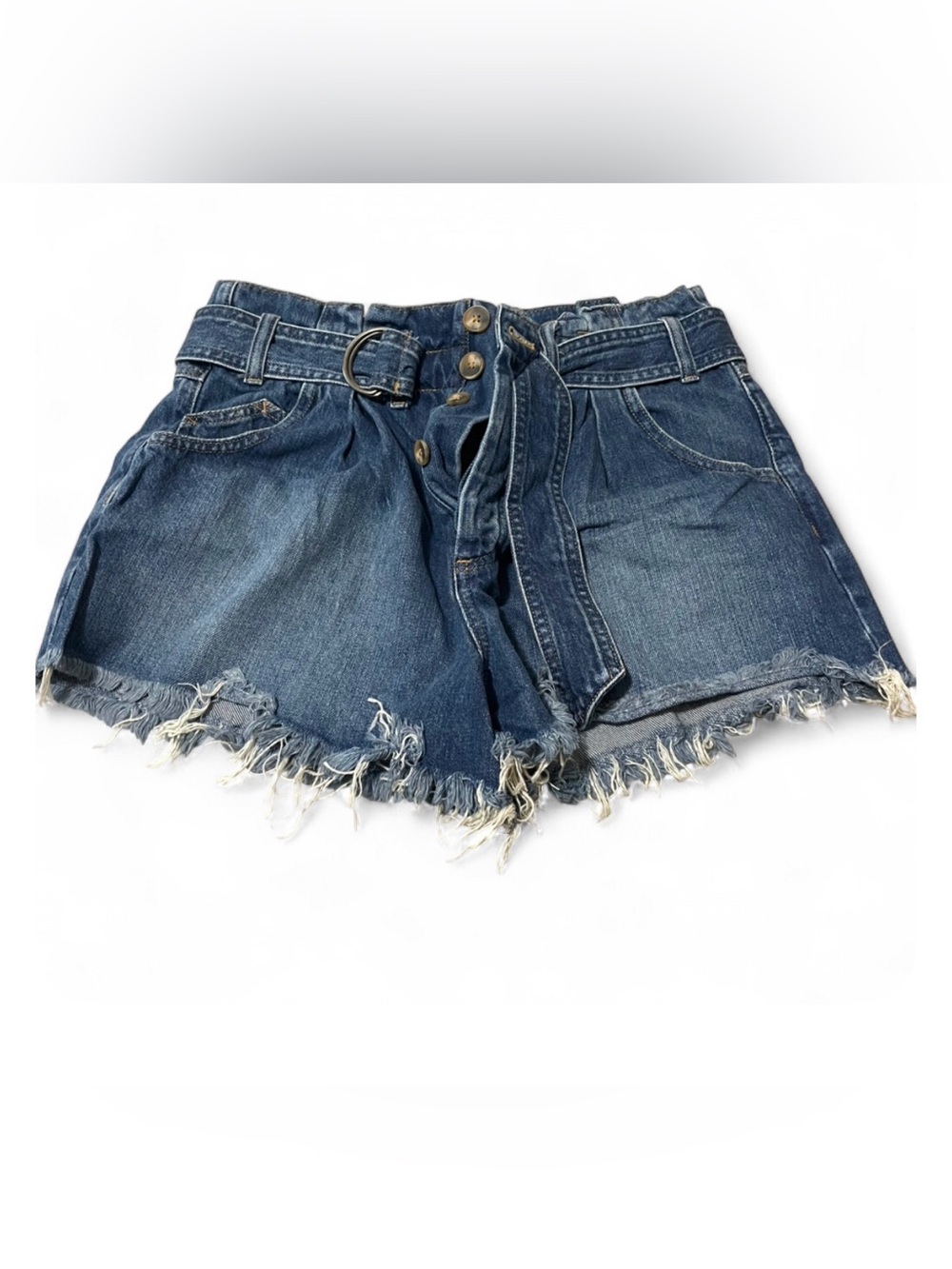 We The Free Distressed High-Waist Denim Shorts — Blue